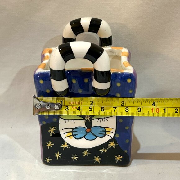 Milson & Louis Hand Painted Ceramic Planter Whimsical Cat on Shopping Bag Tote - Picture 7 of 10